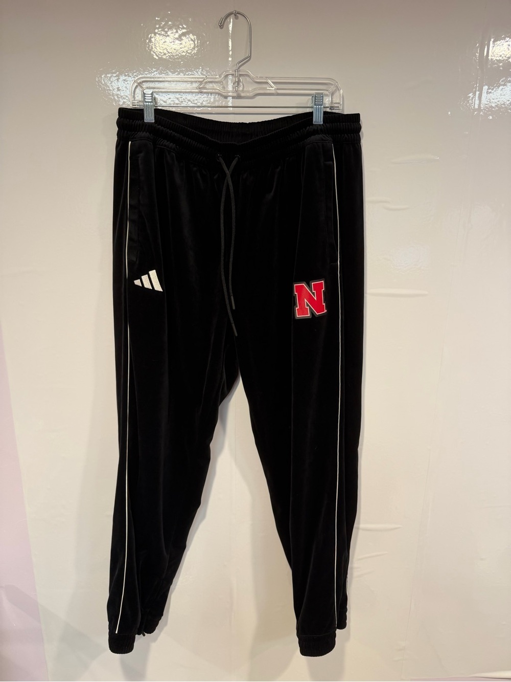Adidas Black Velour Joggers with Red 'N'‎ Nebraska Huskers Patch